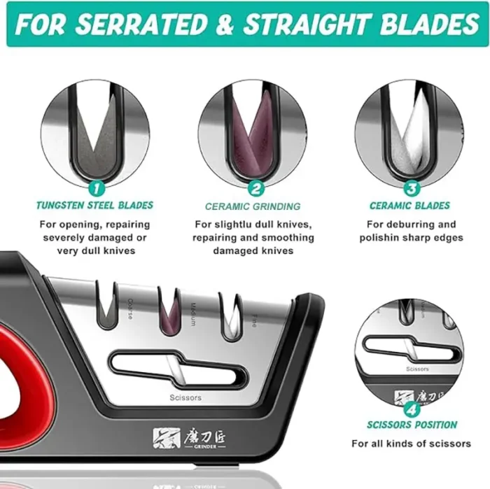 Four in one kitchen sharpener restores serrated blade knives and scissors, diamond tungsten steel ceramics - Image 3