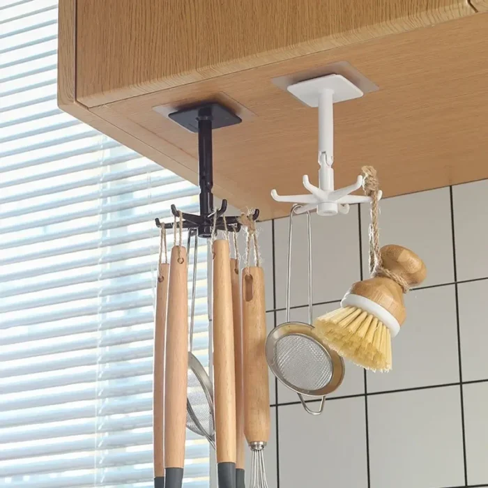 1pc Black Kitchen Rotating Punch-free Wall-mounted Shelf 6 Rotating Hooks Pot Shovel Chopping Nail-free Adhesive Hook Rack - Image 3