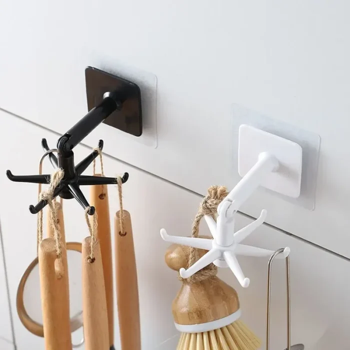 1pc Black Kitchen Rotating Punch-free Wall-mounted Shelf 6 Rotating Hooks Pot Shovel Chopping Nail-free Adhesive Hook Rack - Image 1