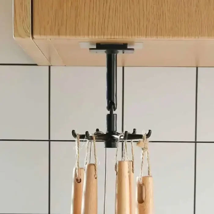 1pc Black Kitchen Rotating Punch-free Wall-mounted Shelf 6 Rotating Hooks Pot Shovel Chopping Nail-free Adhesive Hook Rack - Image 2