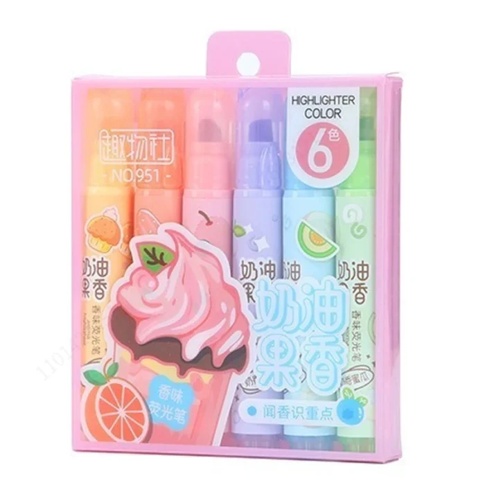 6pcs Creamy Fruity Aroma Highlighters Pastel Cute Highlighter Assorted Colors Dry Fast for Bible Journal School Office Supplies - Image 1