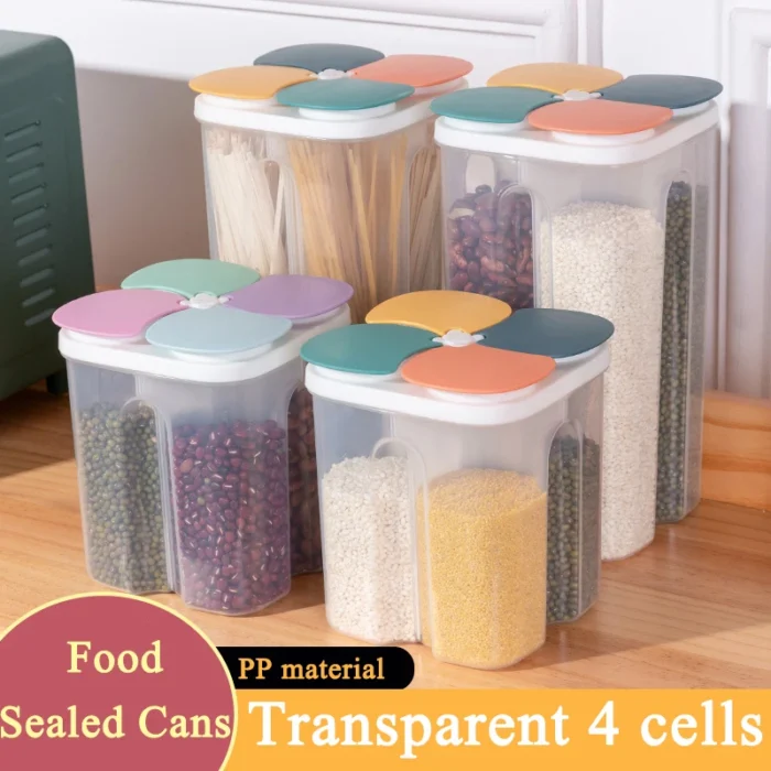 Kitchen Cereals Storage Box Plastic 4 grids Cereals Sealed Jar Food Container Moisture-proof Grain Tank Spaghetti Keep Fresh Box - Image 1